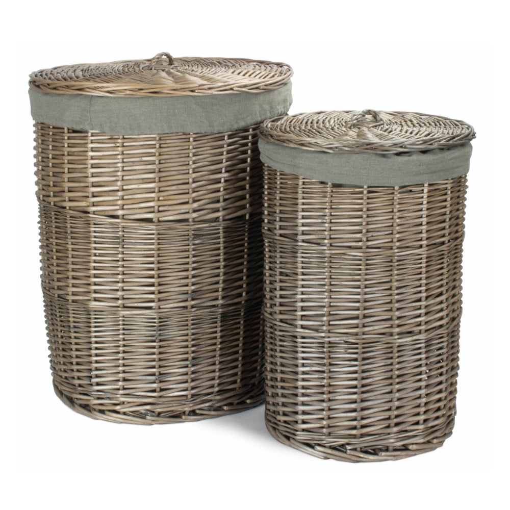 Antique Wash Round Linen Basket With Grey Sage Lining | Small