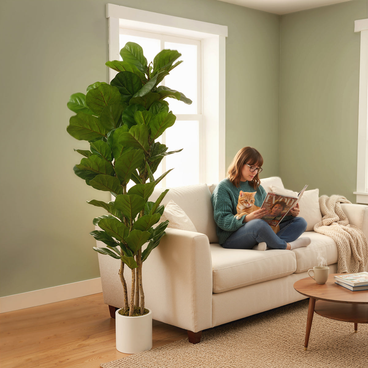 HOMCOM Artificial Fiddle Leaf Fig Tree With Solid Wood Trunks
