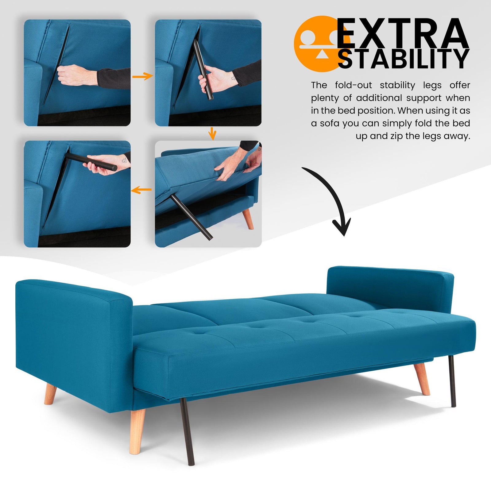 Click-clack Sofa Bed With Ribbed Tufting - 3 Seater | Blue