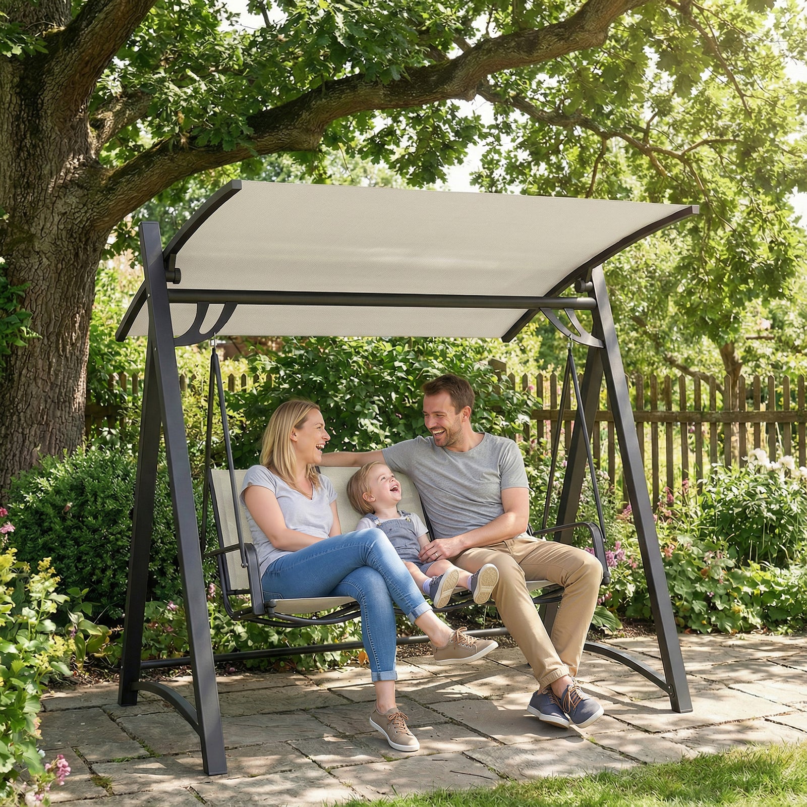 3 Seater Swing Chair, Garden Swing Bench With Adjustable Canopy | Cream