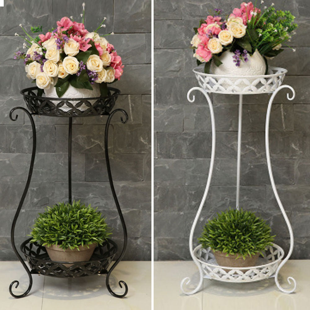 2 Tier White Tall Vintage Metal Plant Stand Indoor Outdoor Corner Plant Pot Holder 64cm H Decorative Flower Shelf | Black