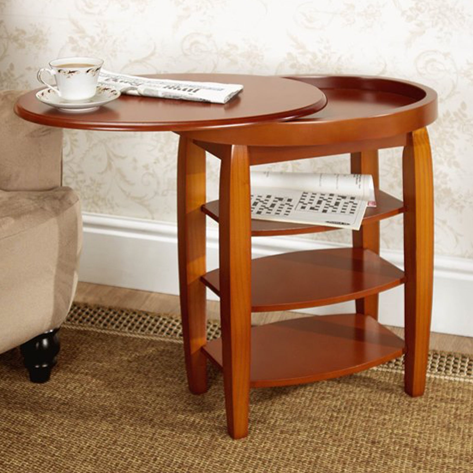 Swivel Top Side Table With Shelves Oak