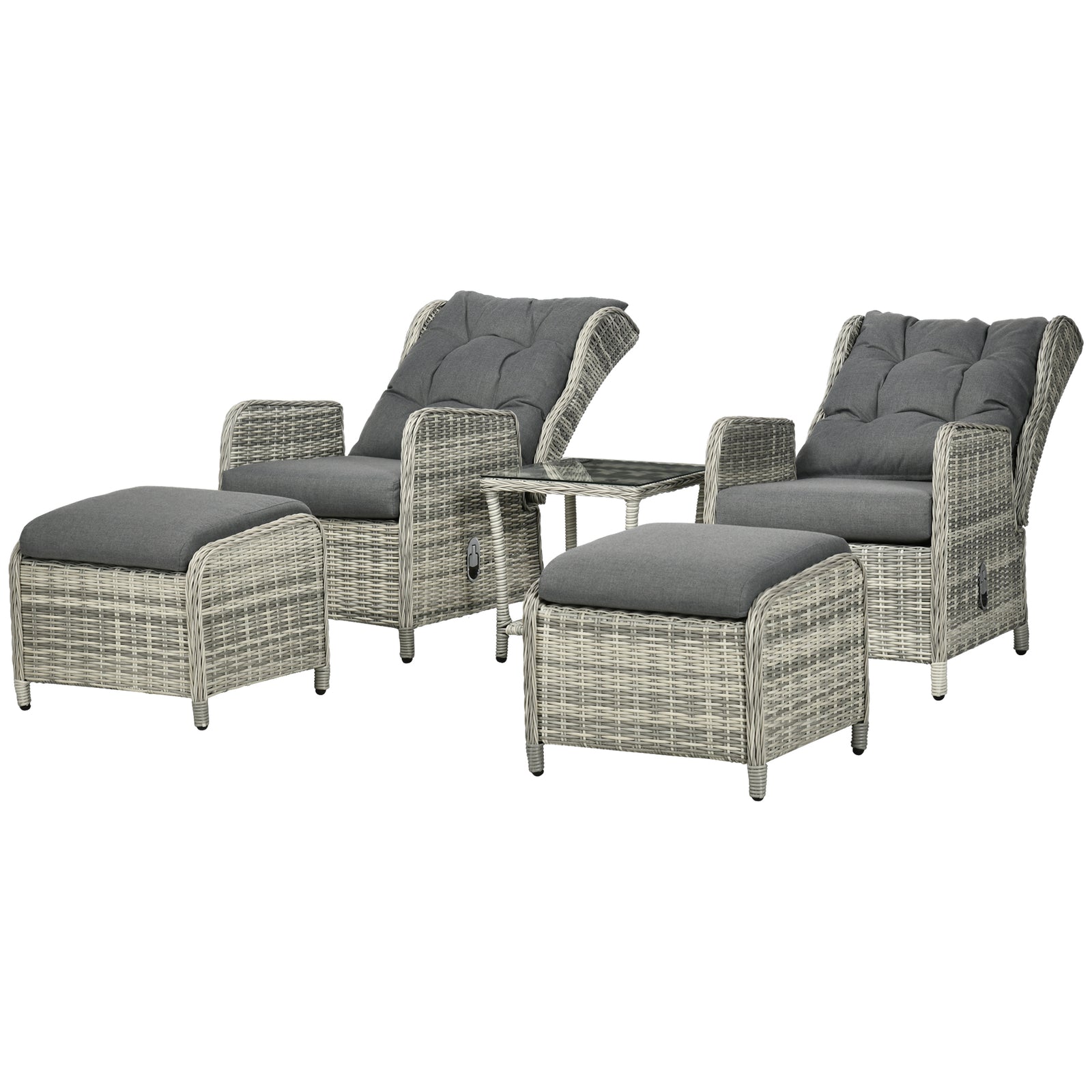 Recliner Rattan Set W/ Two-tier Glass Table, Grey