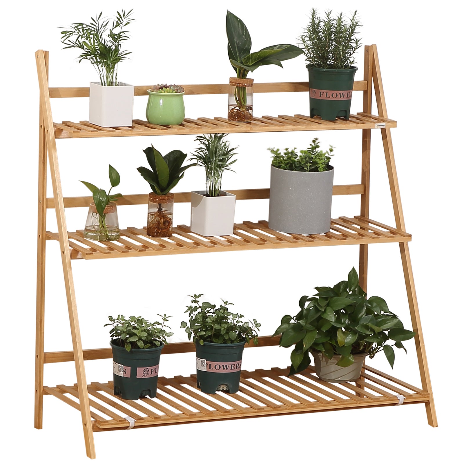 3-tier Folding Bamboo Plant Stand Display Shelf Rack Outdoor