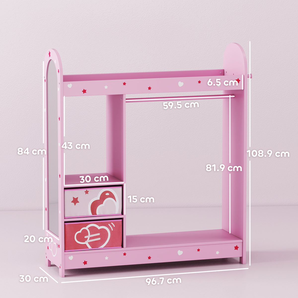 AIYAPLAY Kids Wardrobe, Kids Clothes Rail With Mirror For Bedroom, Pink