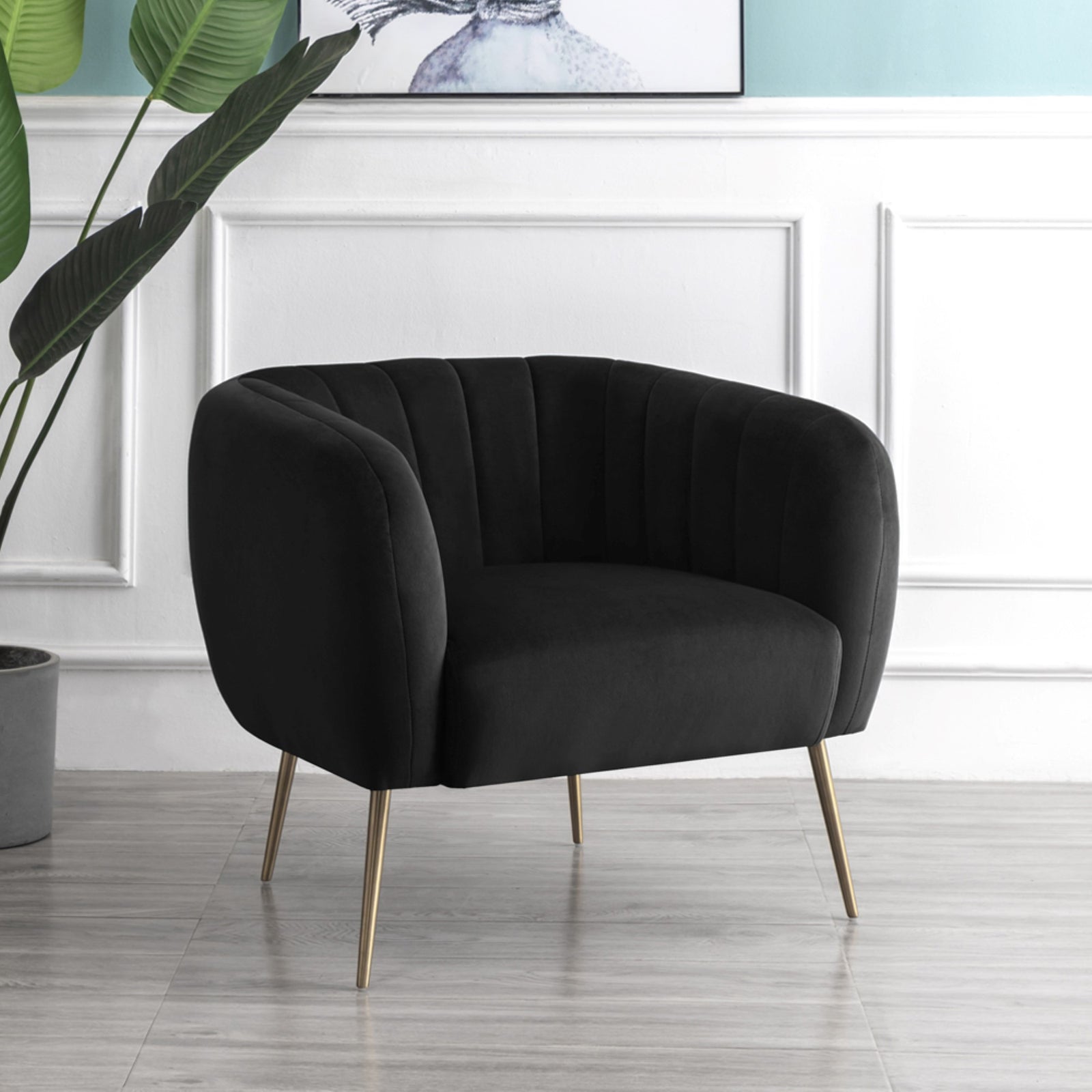 Matilda 84cm Wide Ruched Back Velvet Accent Chair With Brass Coloured Steel Legs | Black