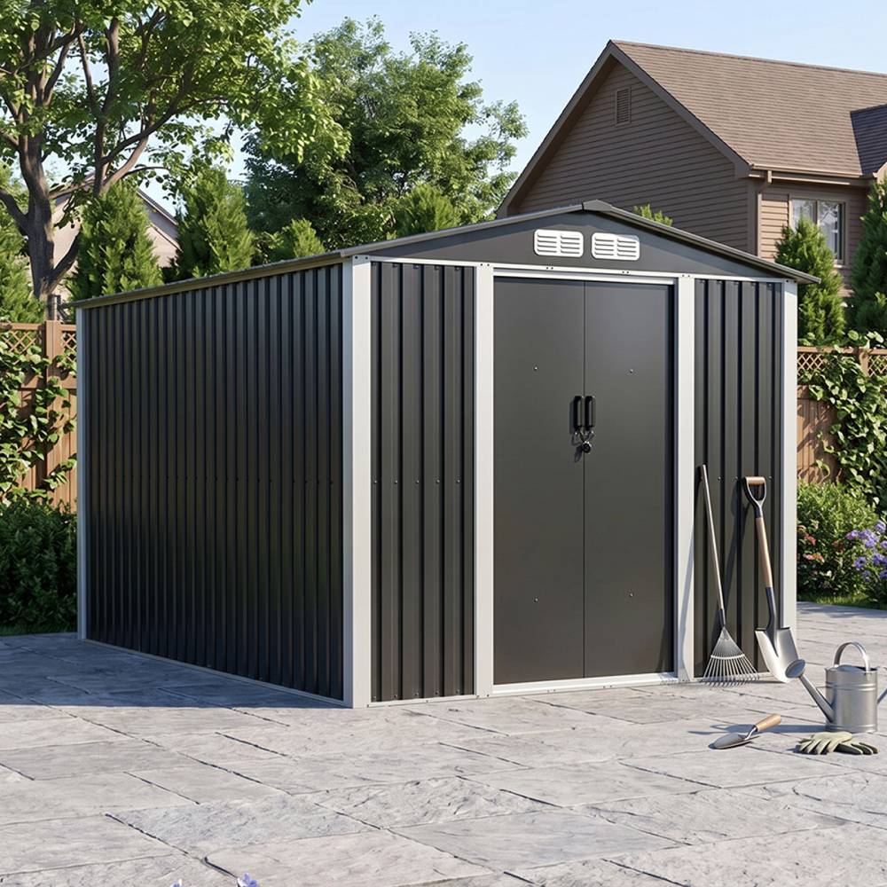 Breeins 8 X 10ft Large Metal Outdoor Storage Shed with Apex Roof, Lockable Double Sliding Doors & Air Vents, Weather-Resistant Garden Tool Storage House