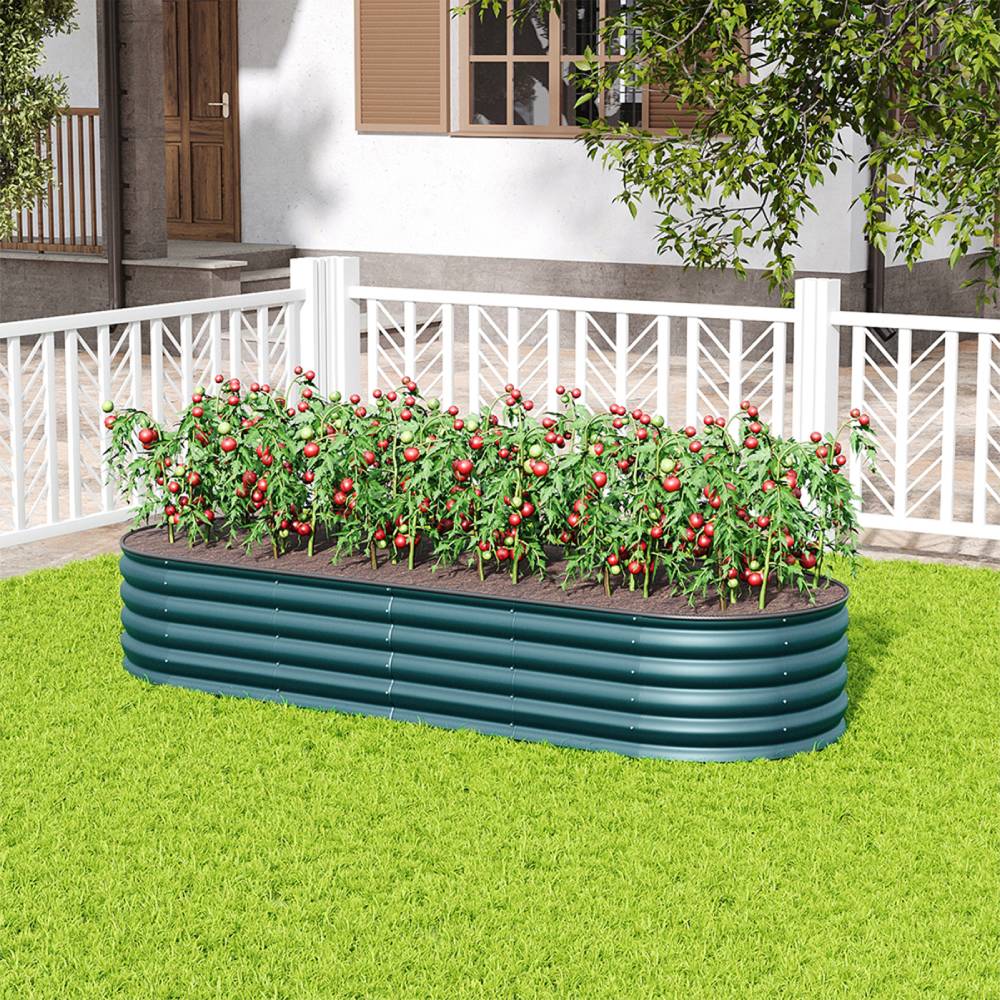 160/240cm W X 80cm D X 42cm H Green Raised Garden Bed With Safety Edging & Ground Stakes Oval-shaped Galvanised Steel Raised Garden Bed | Large | Dark Green