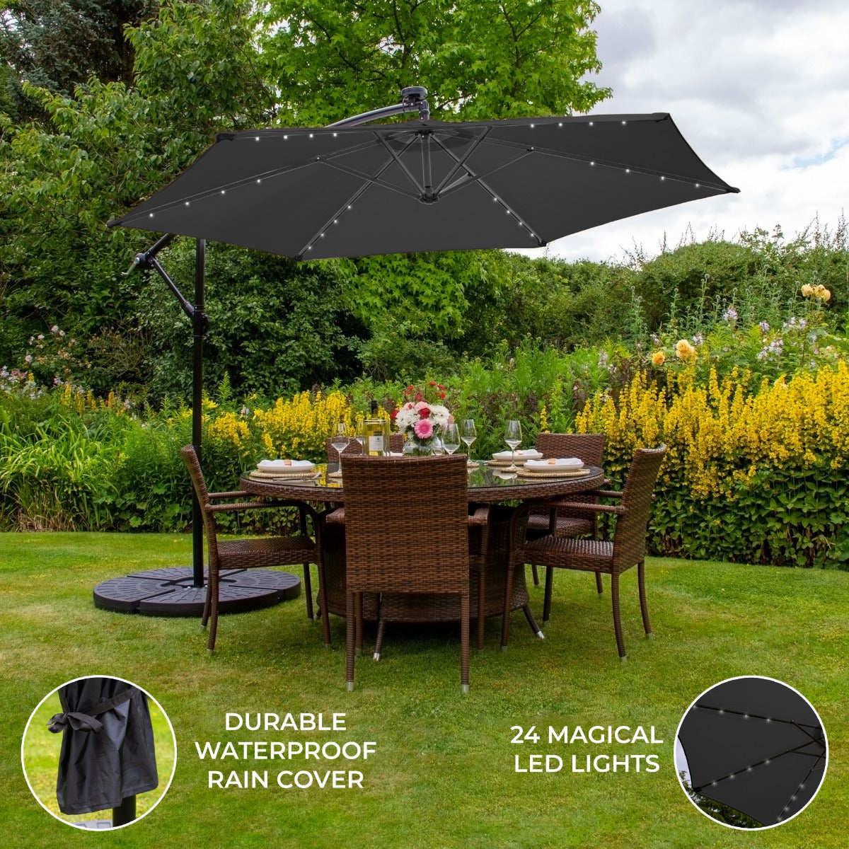 3m Led Cantilever Parasol With Fan Base | Grey