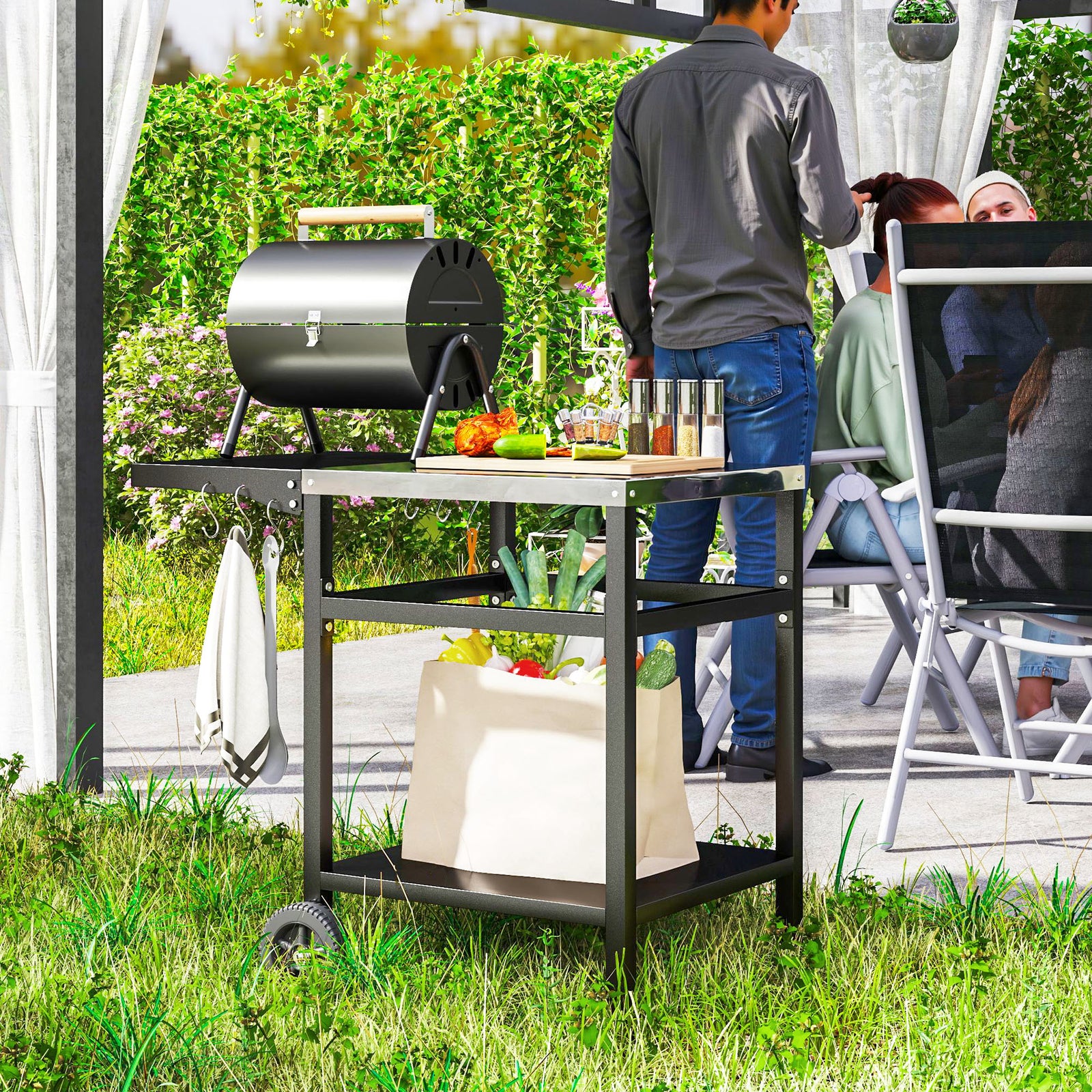 Bbq Trolley W/ Foldable Side Table, Movable Pizza Table