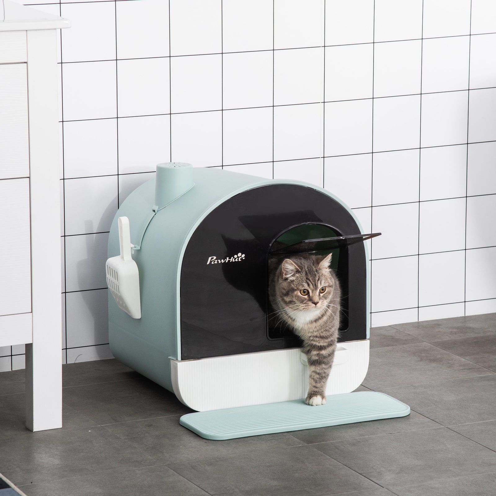 Cat Litter Box W/ Hood, Scoop, Filter, Flap Door | Green
