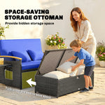 Double Garden Rattan Daybed With Storage Ottoman | Black & Blue