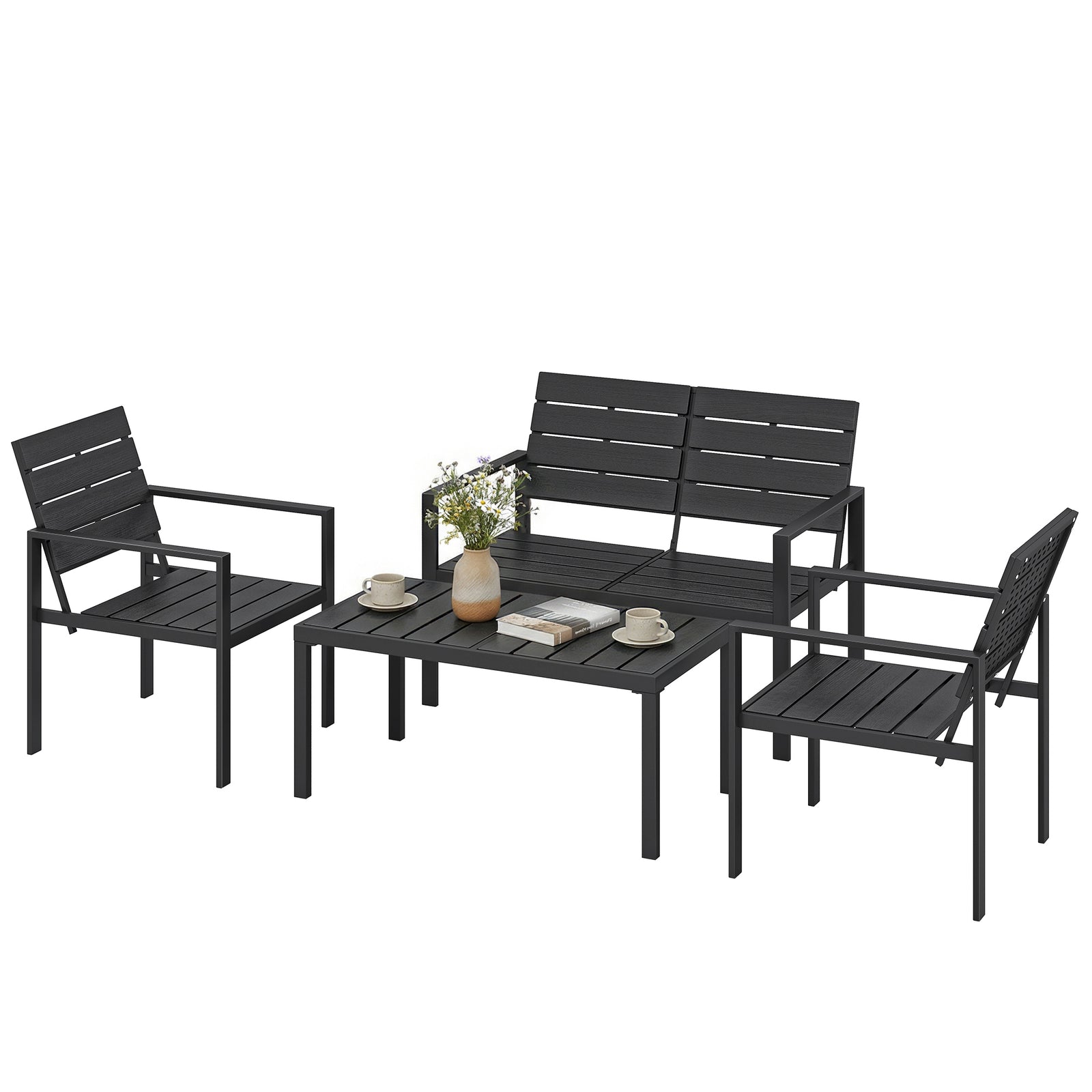 4 Piece Garden Furniture Set, Hdpe Metal Outdoor Sofa | Black