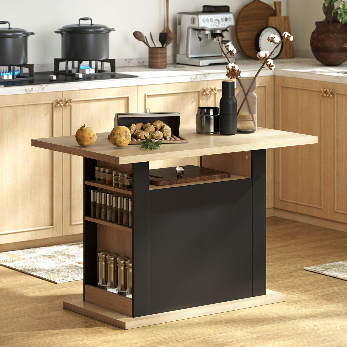 HOMCOM Kitchen Island With Storage Cabinet And Spice Rack, Black & Natural