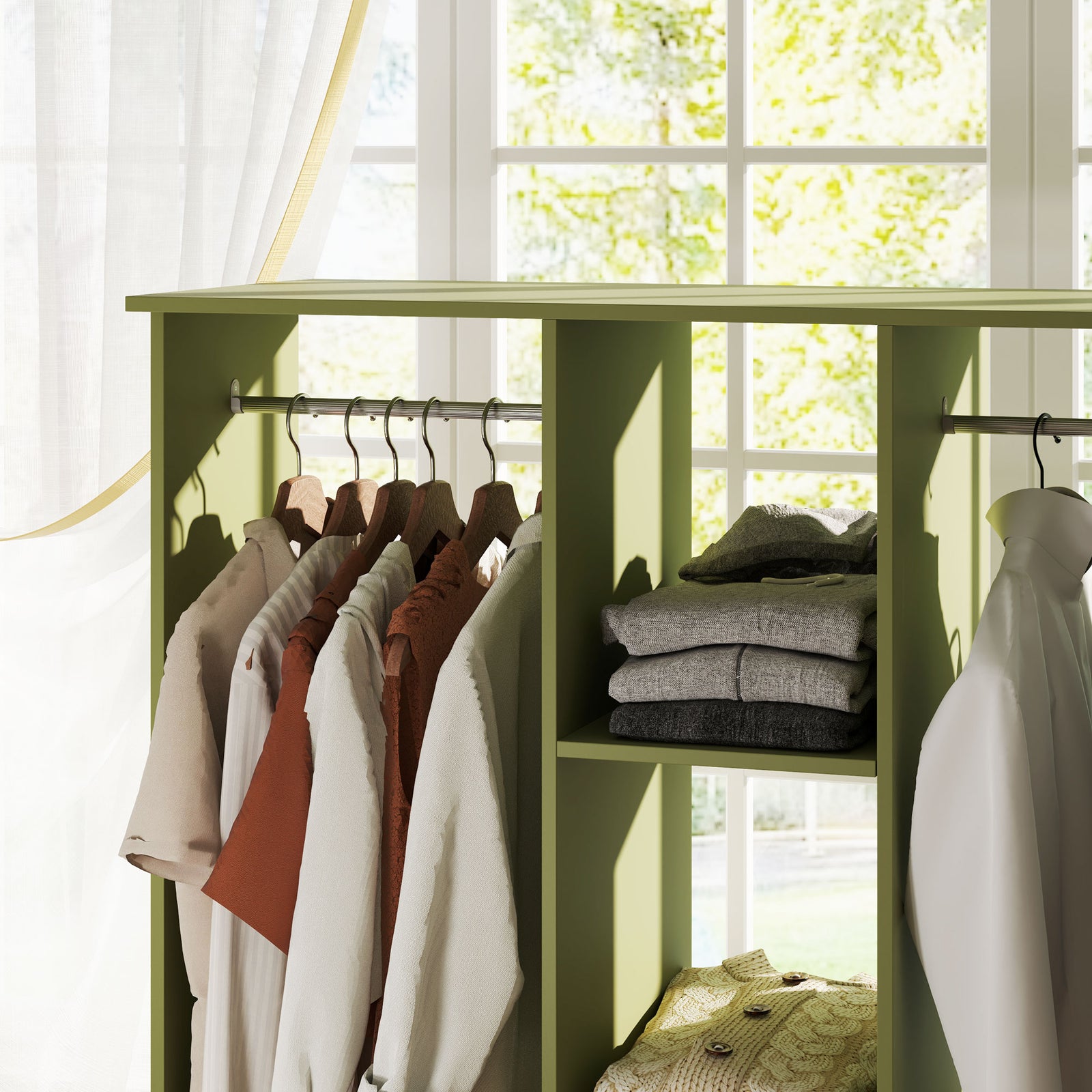Mobile Double Open Wardrobe W/ Clothes Hanging Rail | Green