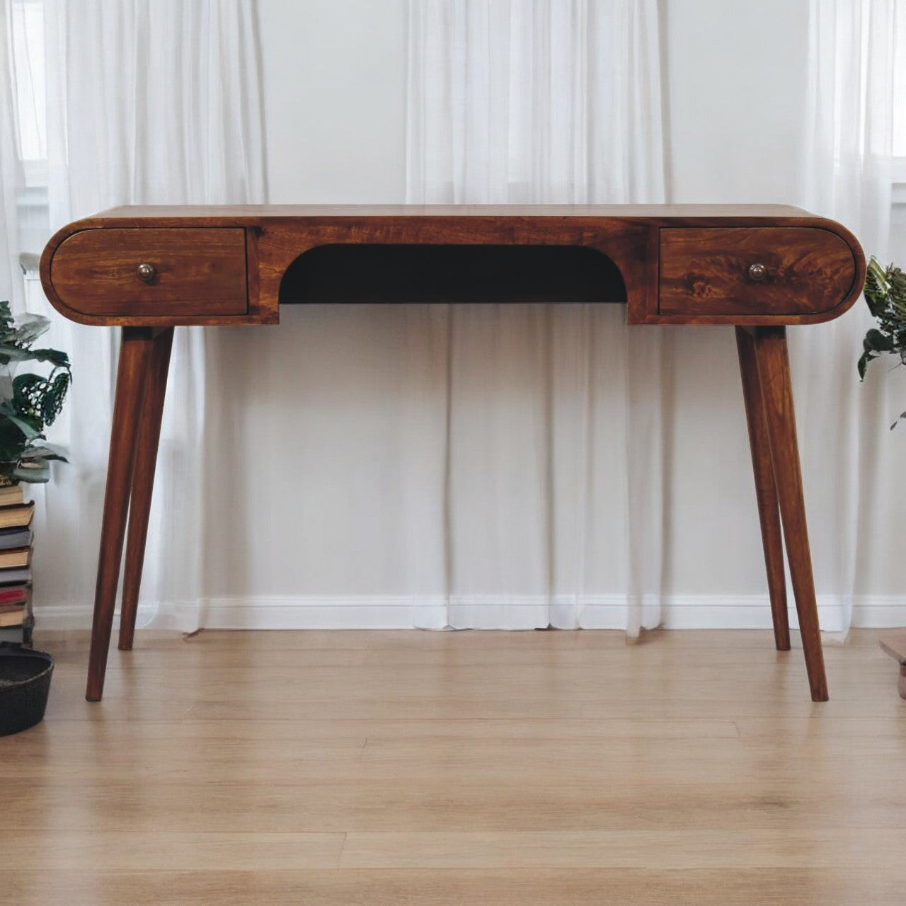 Solid Wood Chestnut London Arch Writing Desk, 2 Drawers, Dark Brown