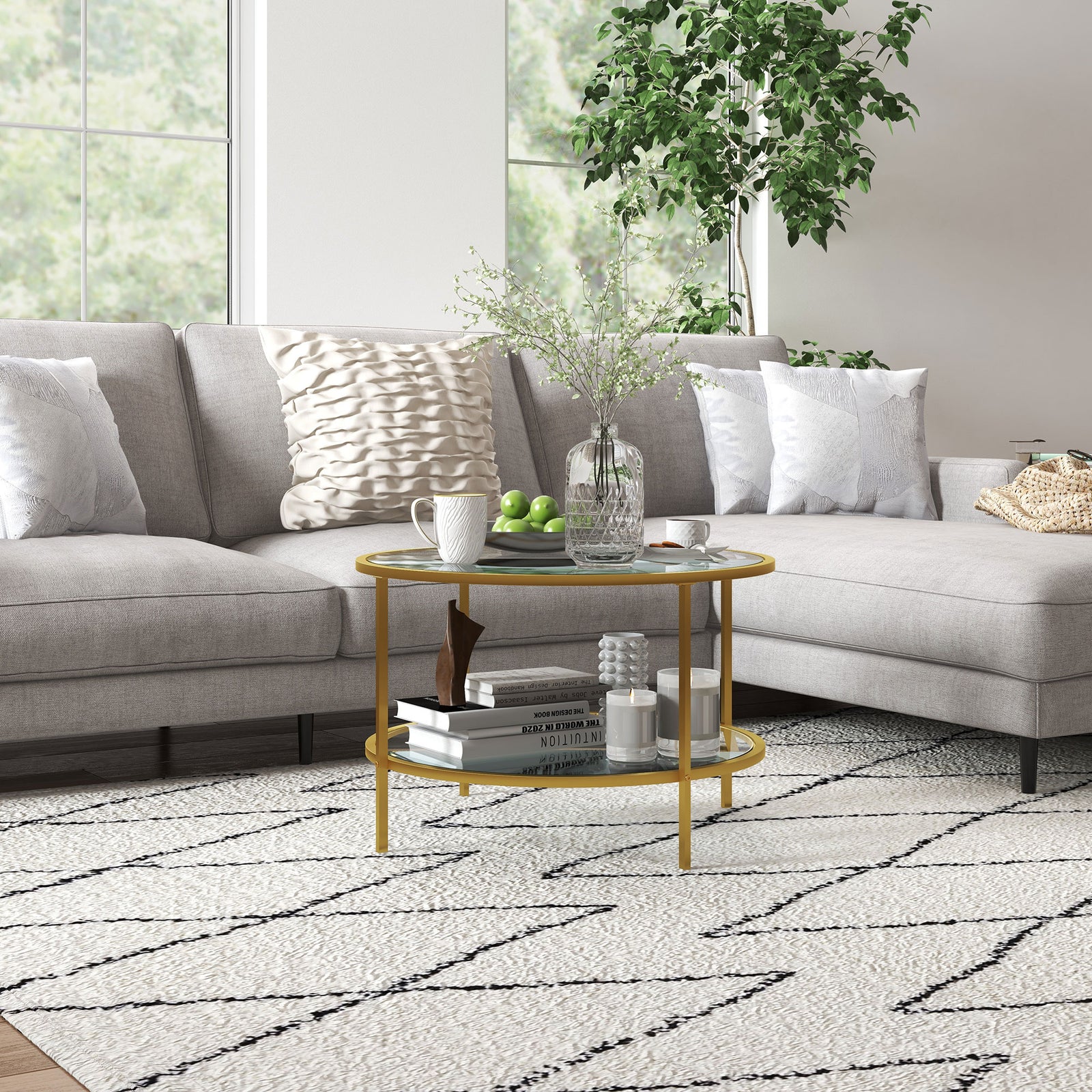 HOMCOM Round Coffee Table With Storage Shelf And Tempered Glass Top, Gold