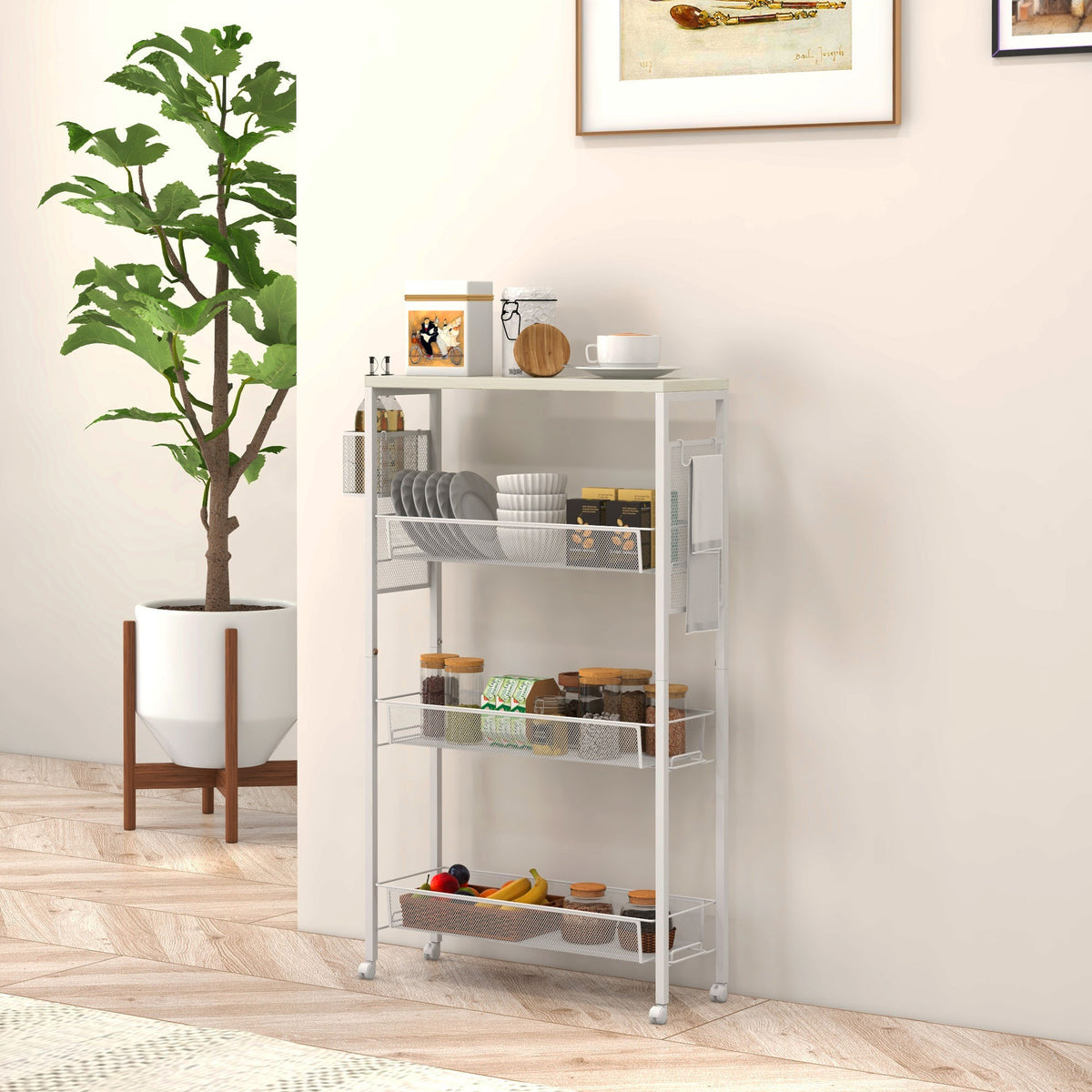 HOMCOM 3-tier Kitchen Cart, Multifunction Kitchen Trolley On Wheels, White