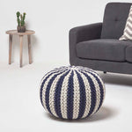 Navy And White Knitted Pouffe Striped Footstool | 50cm x 35cm | Blue & White