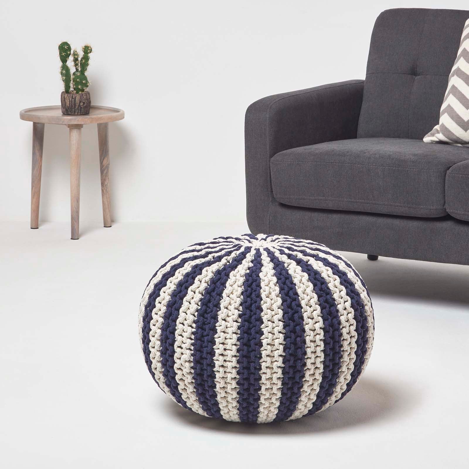 Navy And White Knitted Pouffe Striped Footstool | 50cm x 35cm | Blue & White