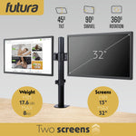 Single & Dual Monitor Arm For 13 To 32 Inch Screens - Dual Monitor Desk Mount With Clamp 90 Tilt And 360 Rotation & 180 Swivel | Dual Monitor Arm | Black