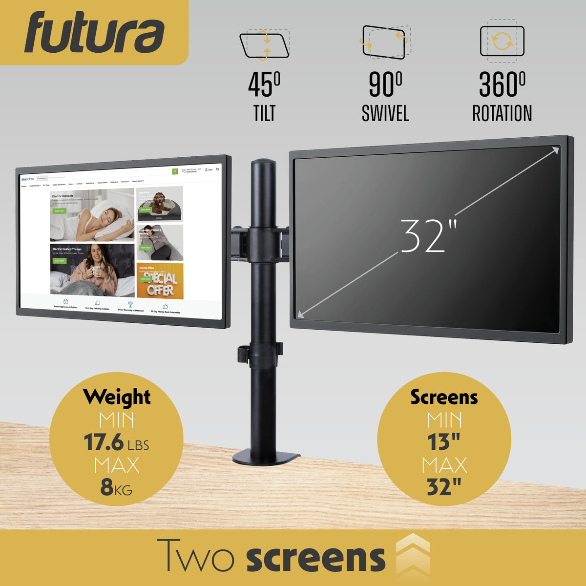 Single & Dual Monitor Arm For 13 To 32 Inch Screens - Dual Monitor Desk Mount With Clamp 90 Tilt And 360 Rotation & 180 Swivel | Dual Monitor Arm | Black