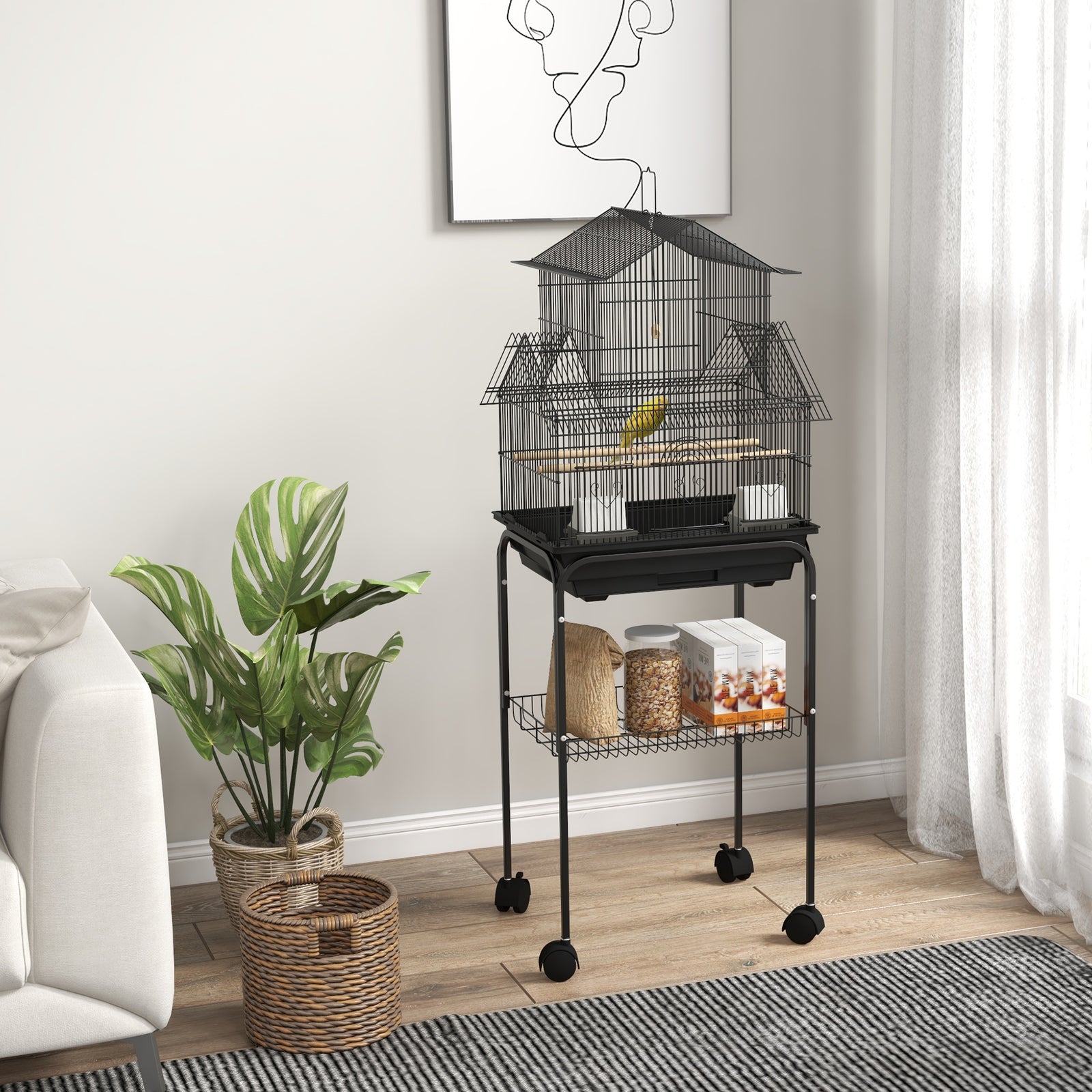 Metal Bird Cage W/ Perch, Food Container, Handle, For Finch, Canary
