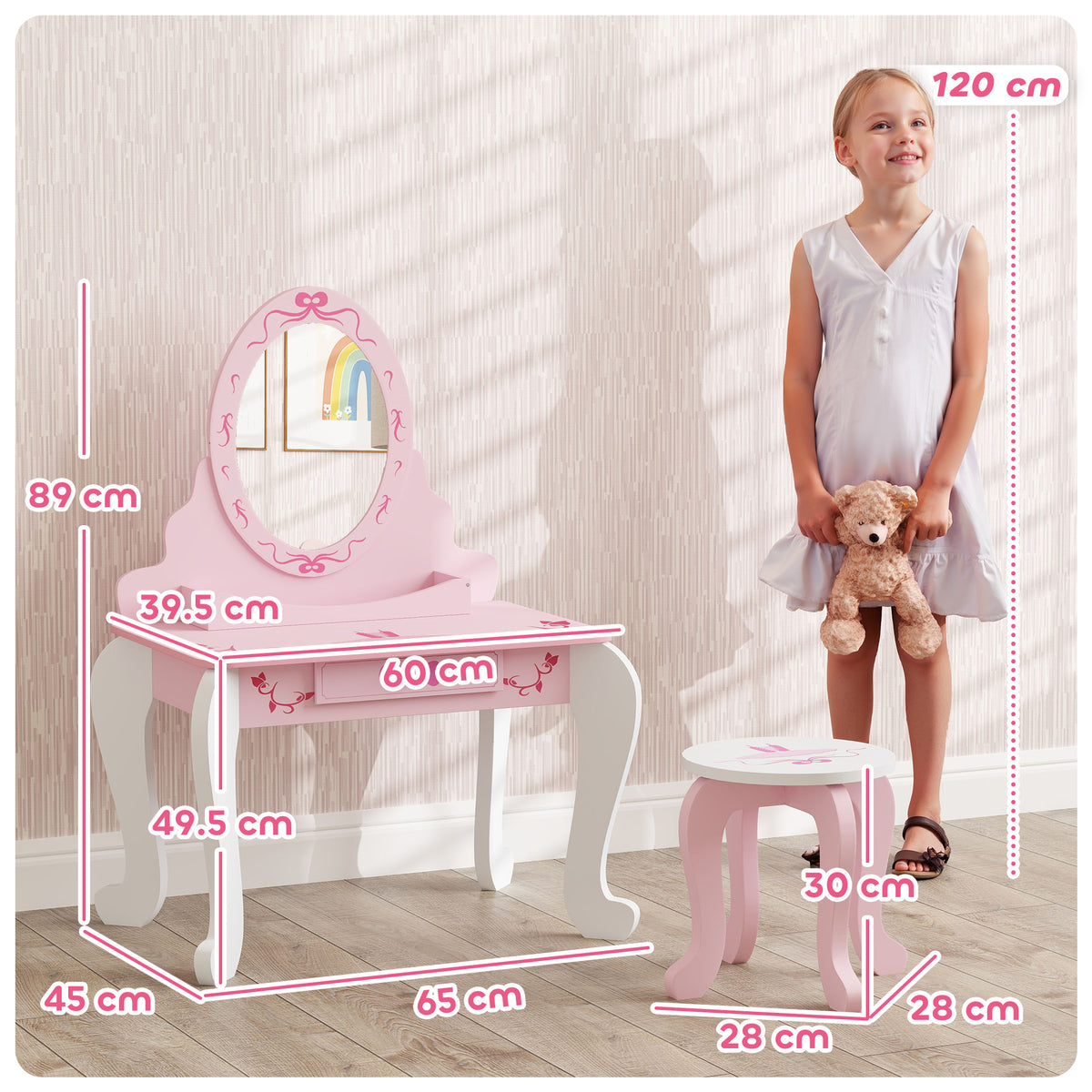 Kids Dressing Table Set, Ballet Theme Vanity Table With Stool, Mirror, Drawer