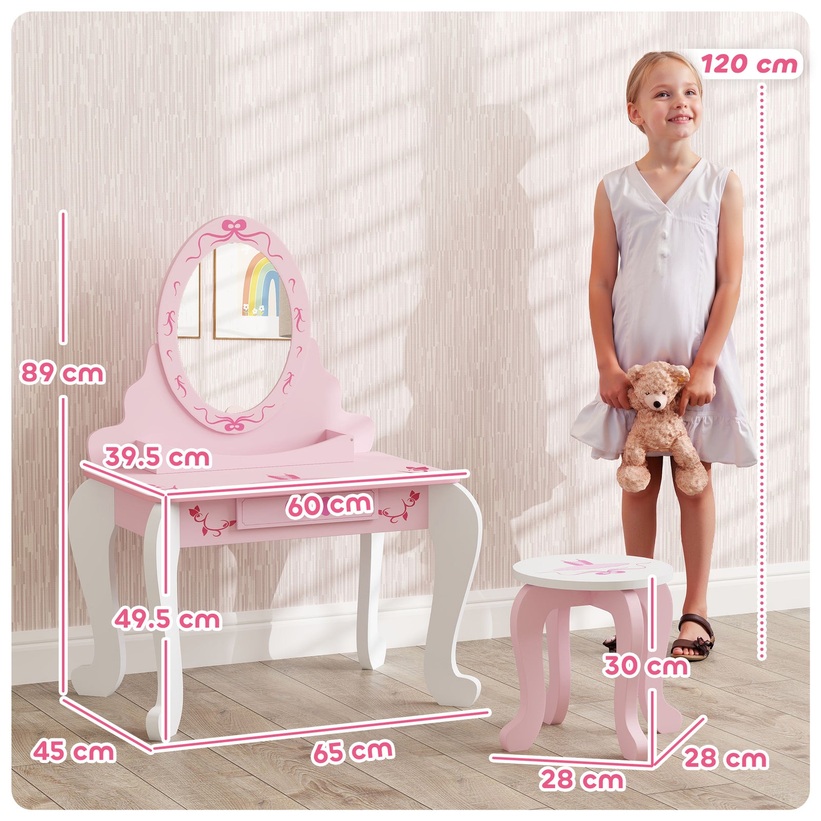 Kids Dressing Table Set, Ballet Theme Vanity Table With Stool, Mirror, Drawer