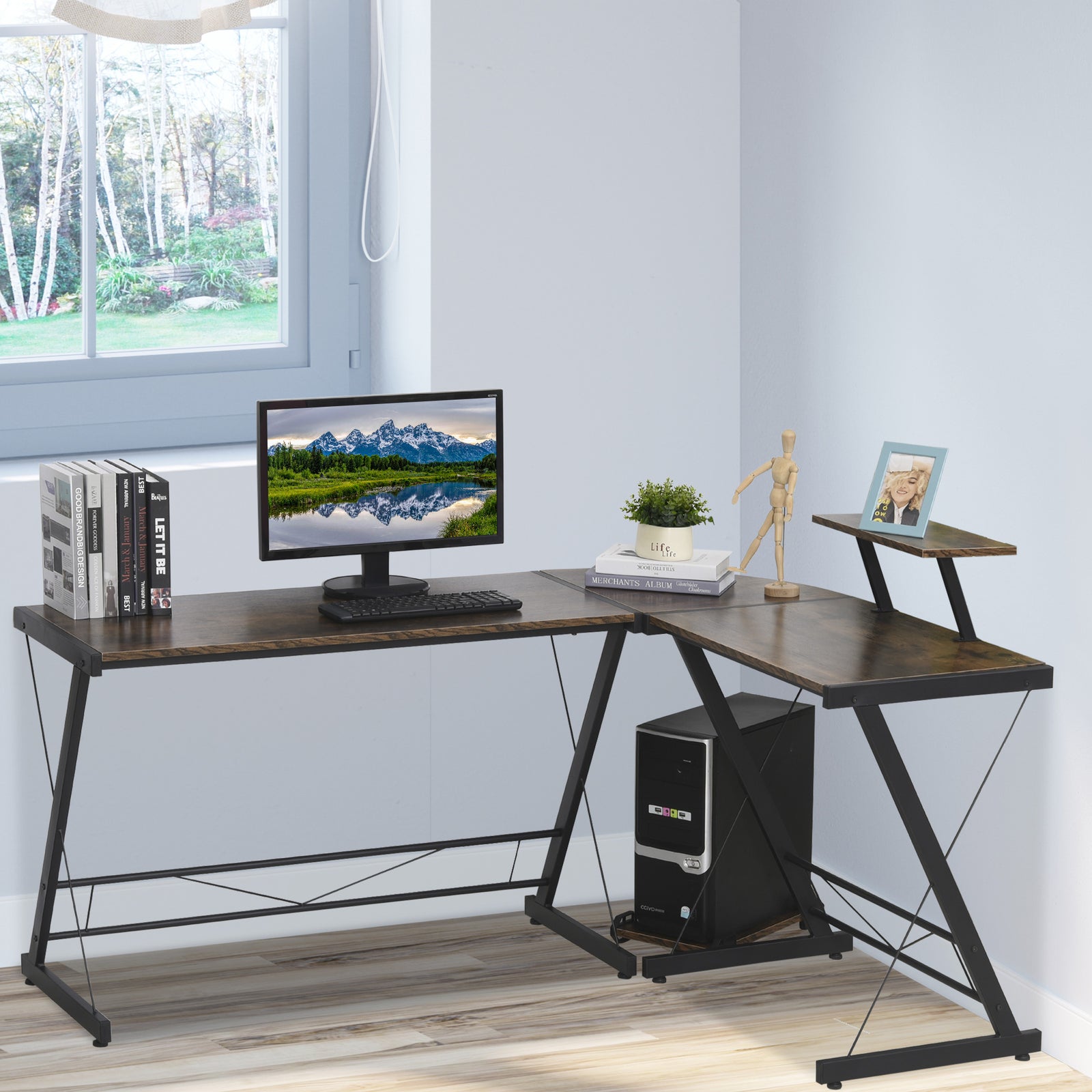 L Shaped Home Office Desk, Shelf & Cpu Stand