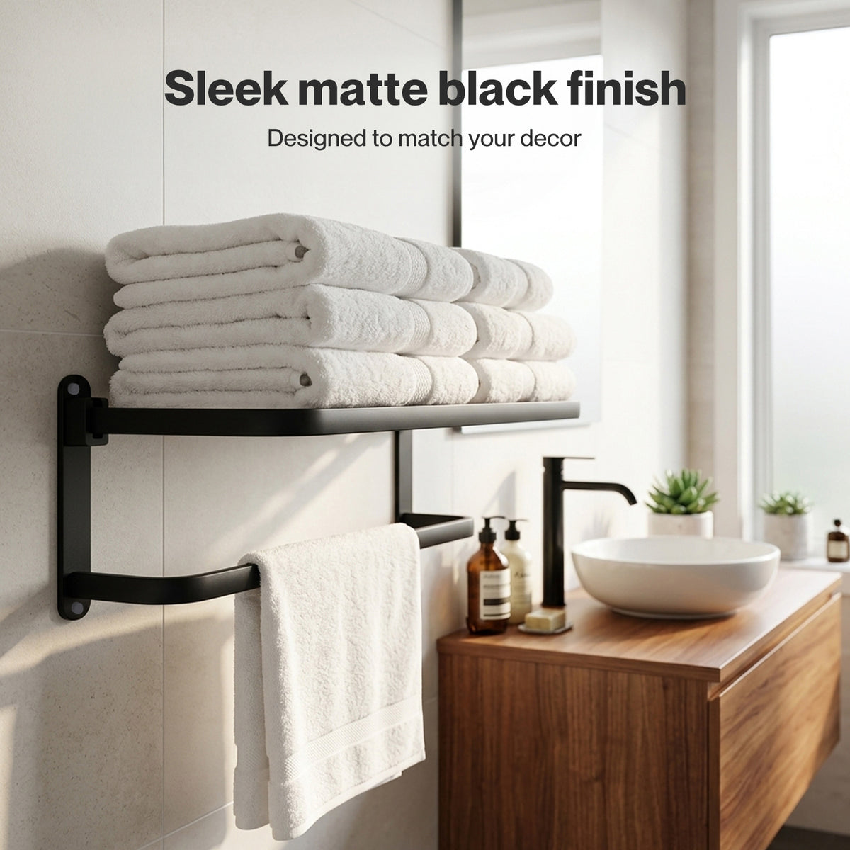 Towel Holder With 2 Bars Wall Mounted No Drill Bathroom Shelf Black | Black