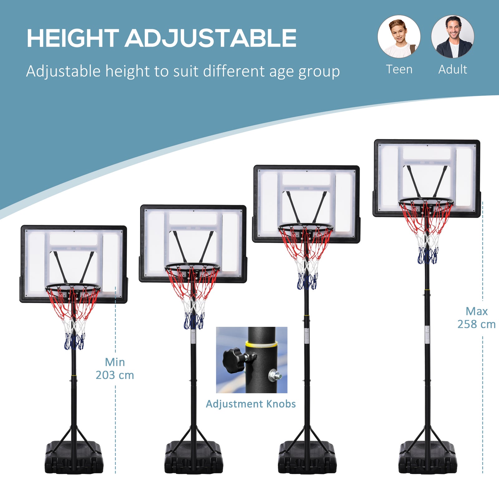 1.55-2.1m Adjustable Basketball Hoop And Stand | Black