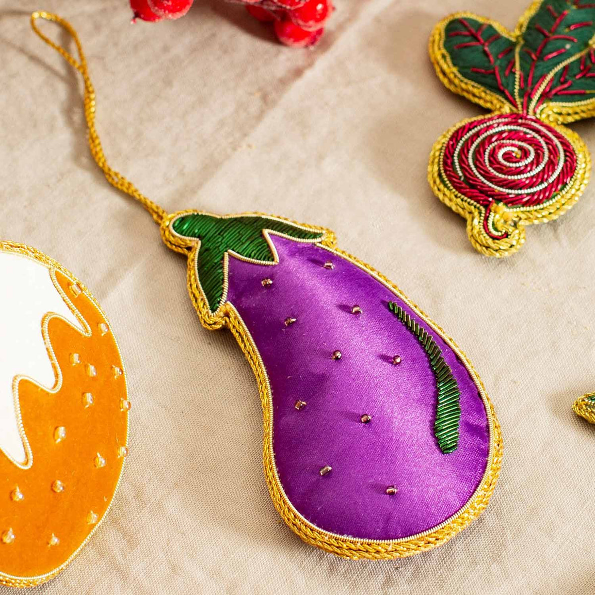 Marshalls Garden Zari Hand-embroidered Aubergine Christmas Ornament