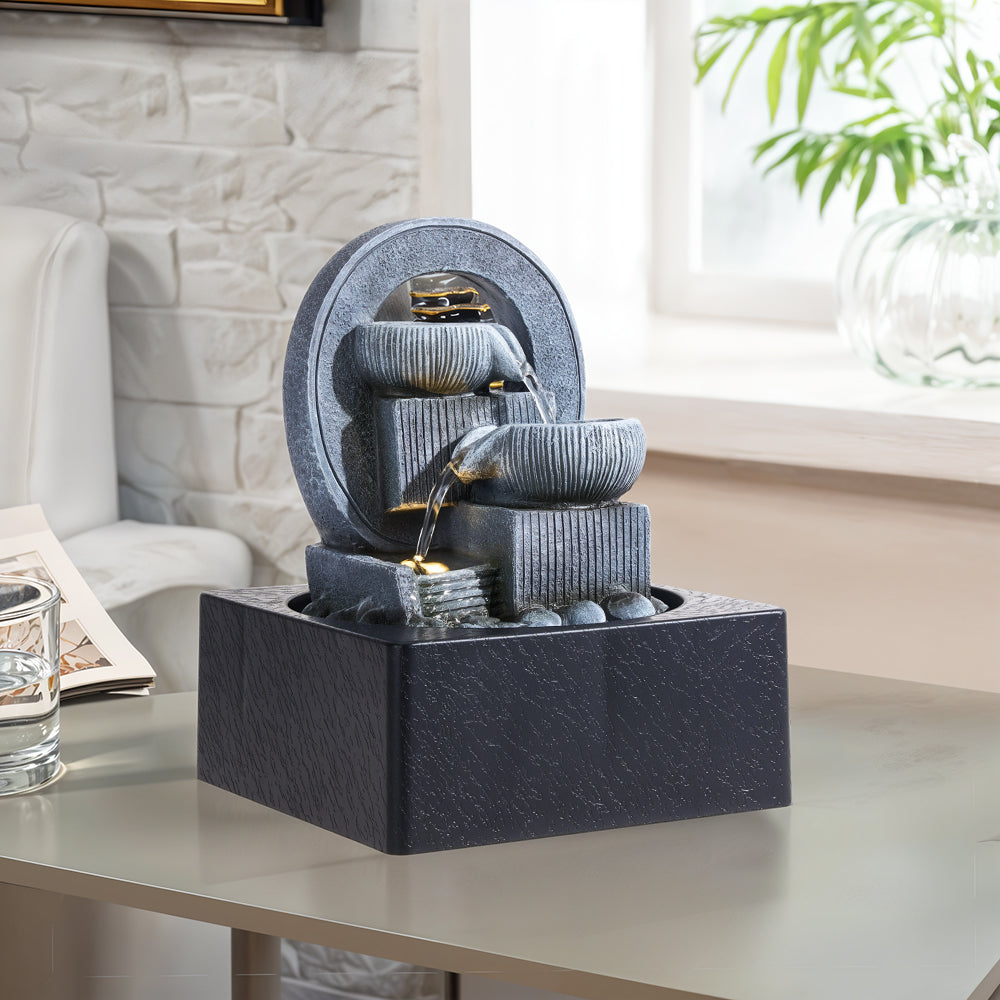 Tabletop Waterfall Fountain With Circular Frame And Tiered Bowls For Meditation Decor