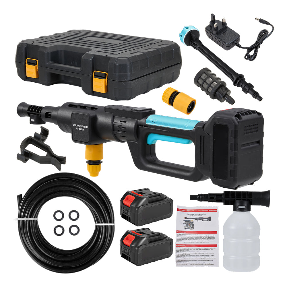 21v Cordless Handheld Pressure Washer With 2 Batteries, 5m Hose, 6-in-1 Nozzle & Foam Cannon, Portable Car And Garden Cleaner | Black & Blue
