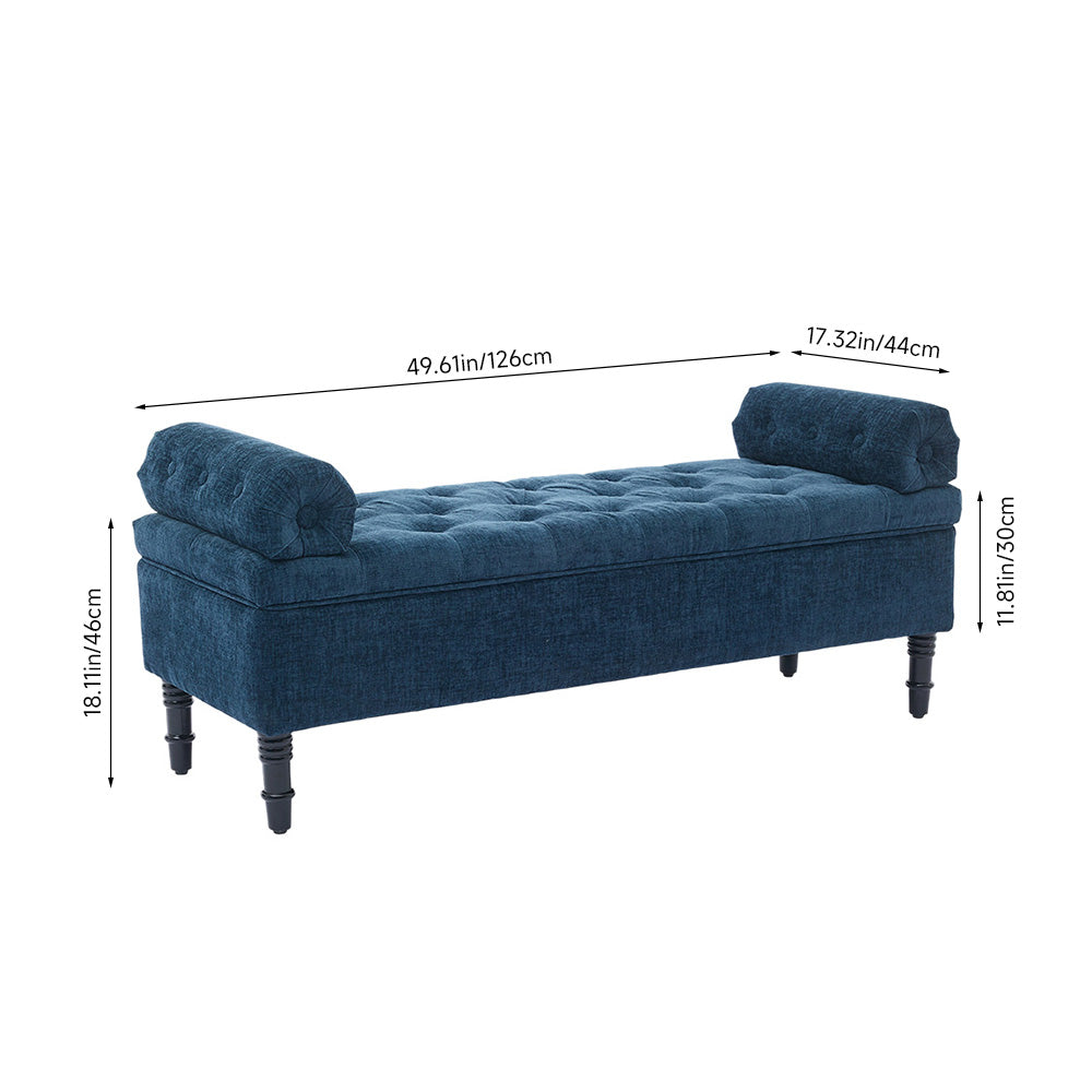 Chenille Fabric Storage Bench – Upholstered Seat With Pillowed Armrests & Hidden Compartment, 126cm W | Blue