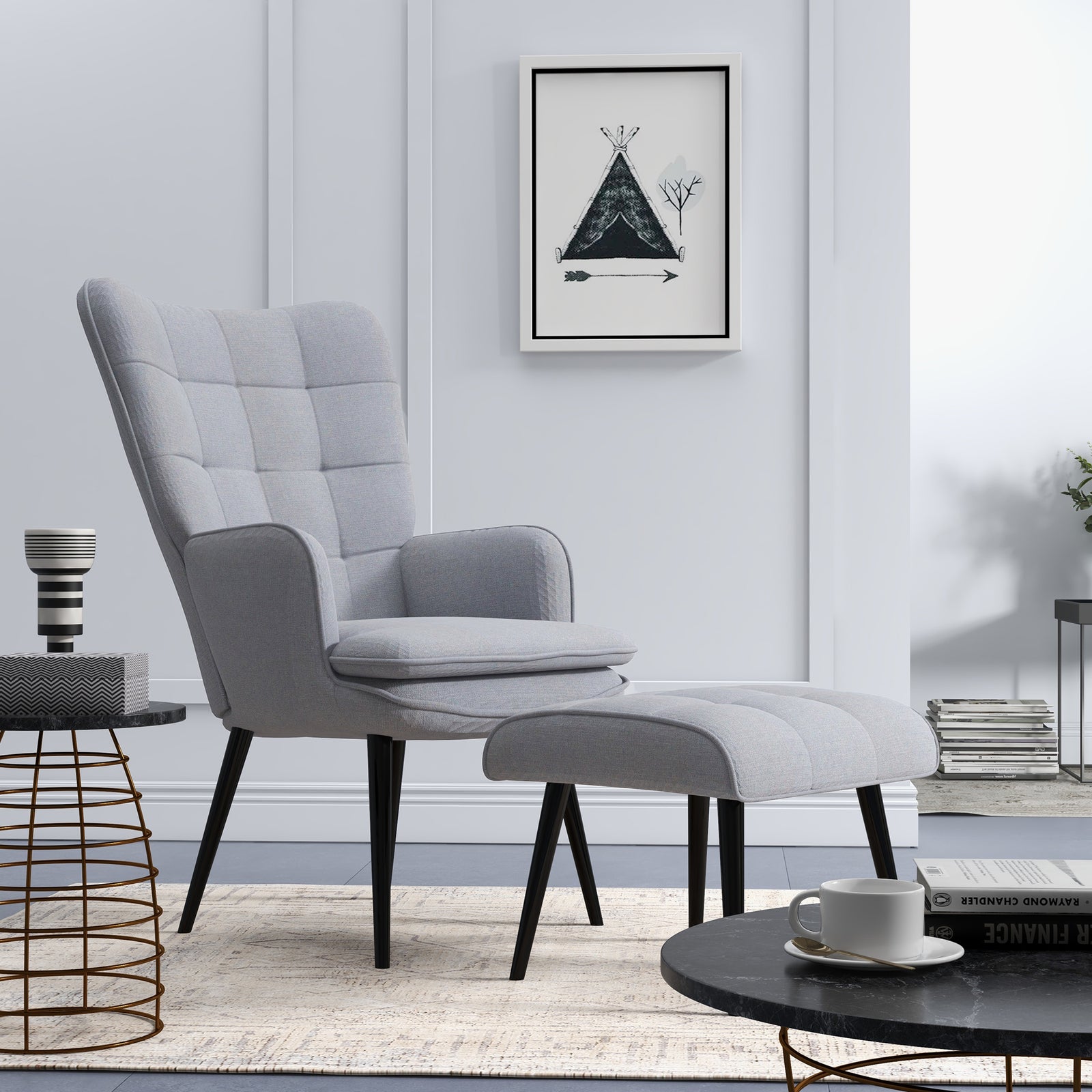 Living Room Chair With Footstool And Steel Legs Light Grey