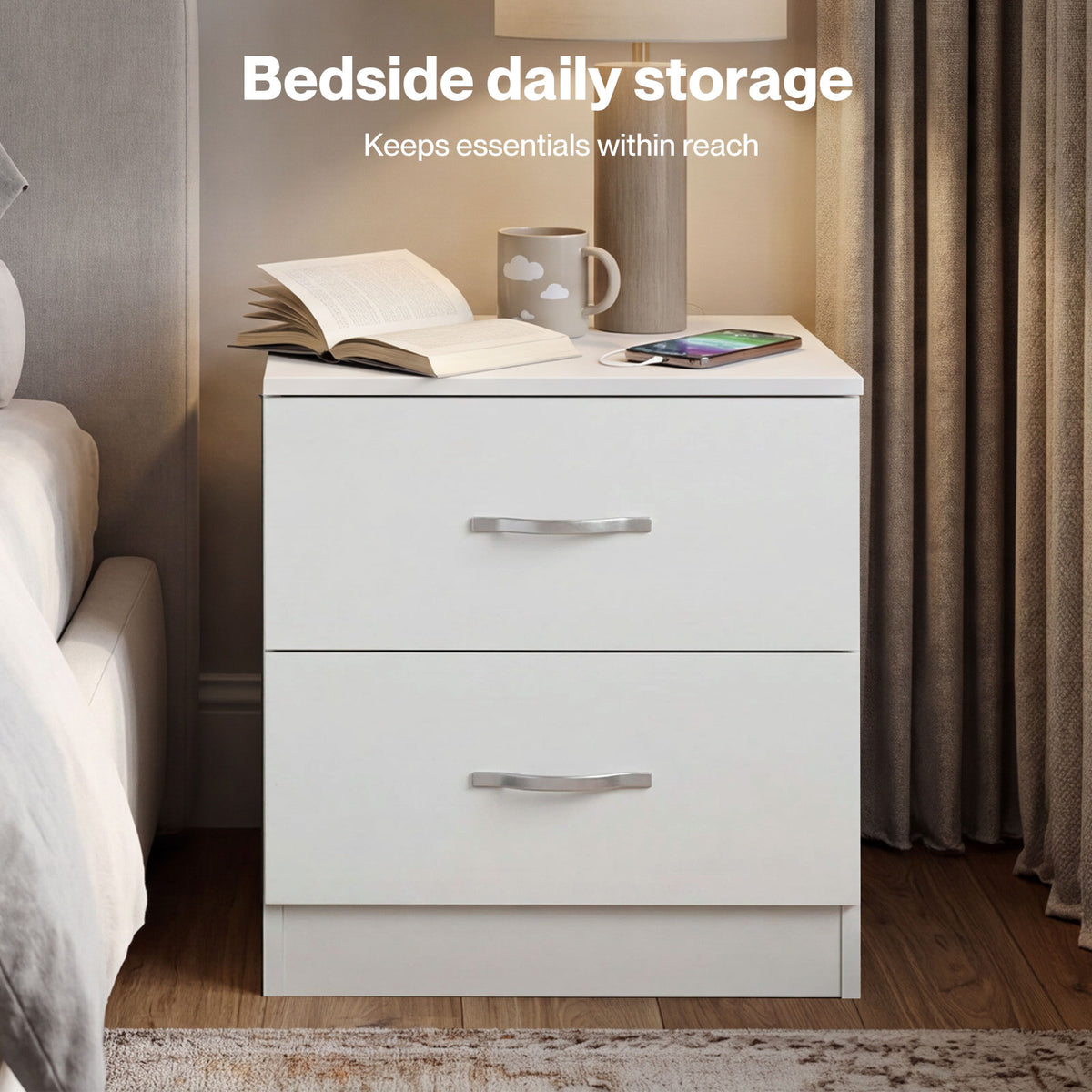 Bedside Table 2 Drawer Metal Handles Runners White Bedroom Cabinet | White