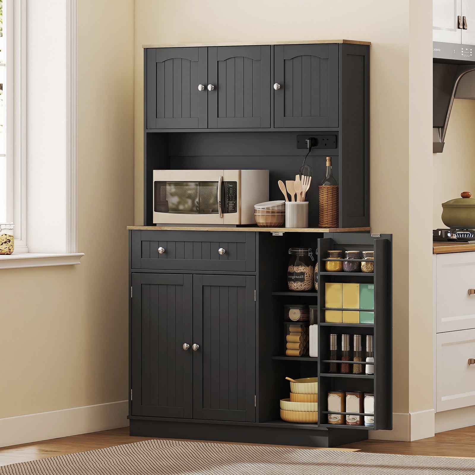 Pantry Storage Cabinet With Adjustable Shelves And 4 Door Racks | Black
