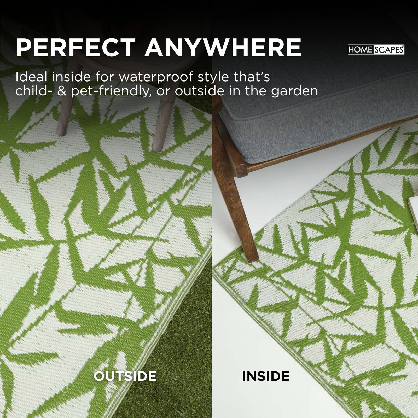 Luxury Outdoor Rug Waterproof Reversible For Garden Patio 100% Recycled, Green Zena Tropical | 180cm x 270cm | Green