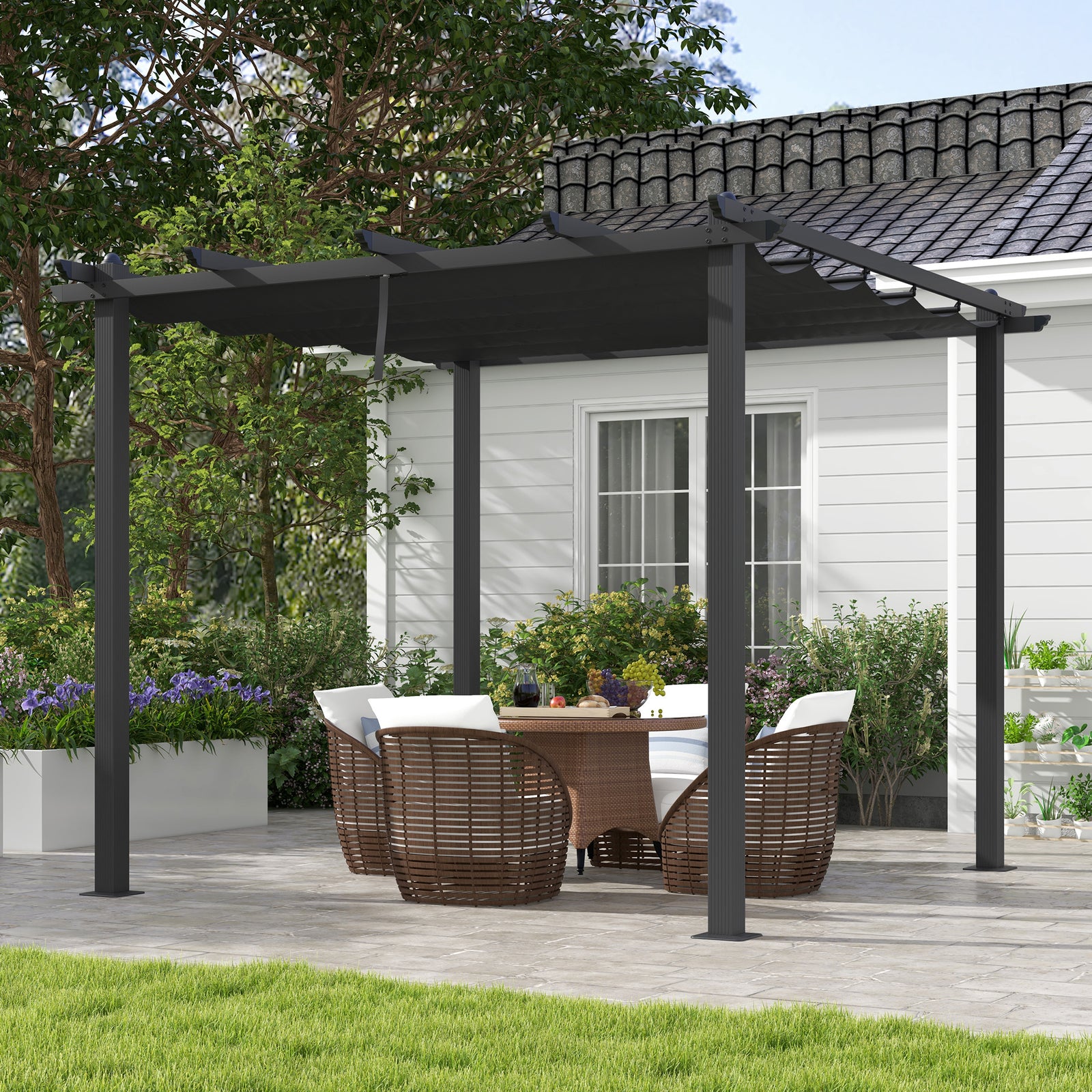 Aluminium Pergola W/ Retractable Roof, Garden Gazebo Canopy | Medium | Dark Gray