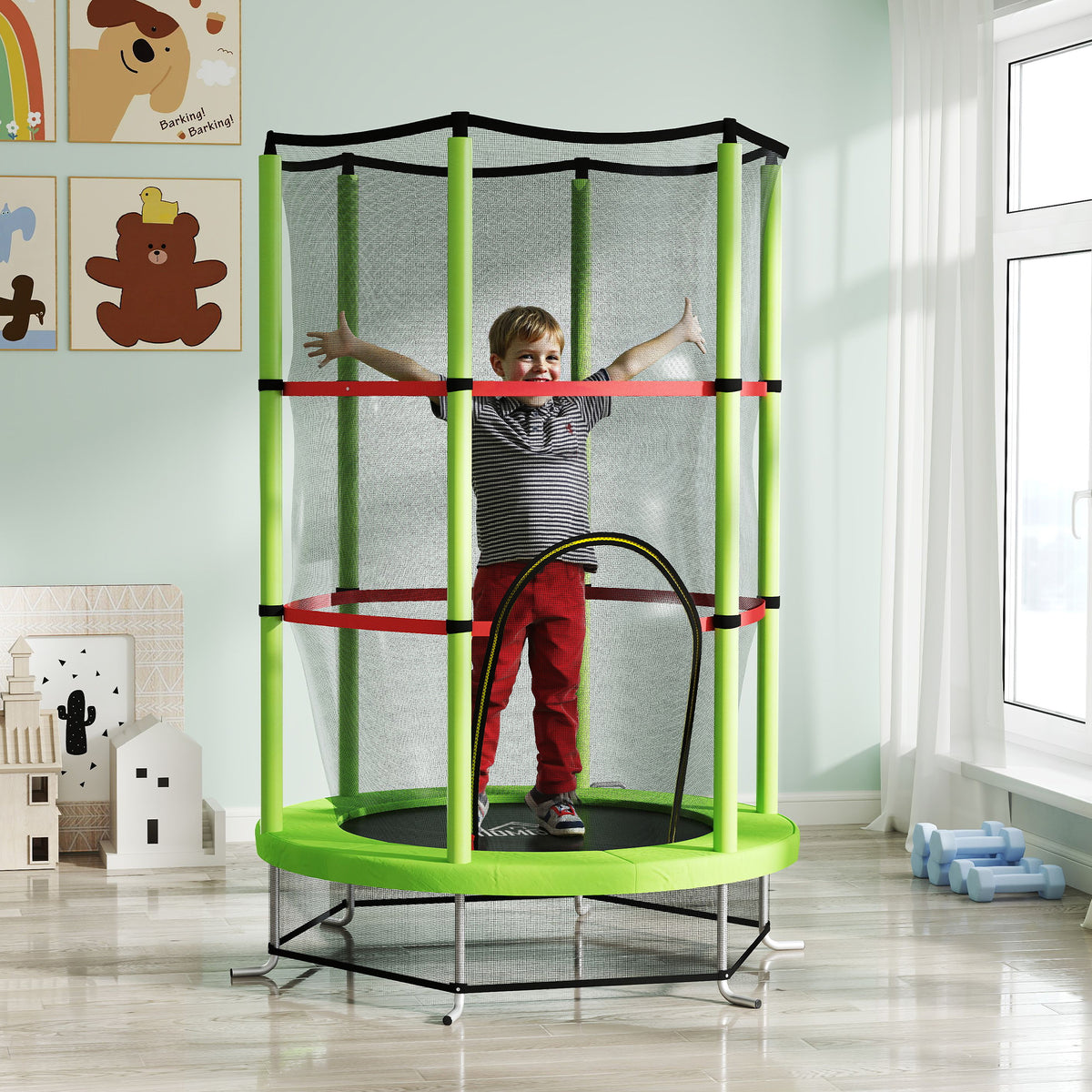 Kids Trampoline W/ Enclosure Net, Steel Frame, For Ages 3-6 Years | Green