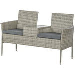 Rattan Garden Bench W/ Glass Table, Wicker Chair, Cushions | Dark Gray