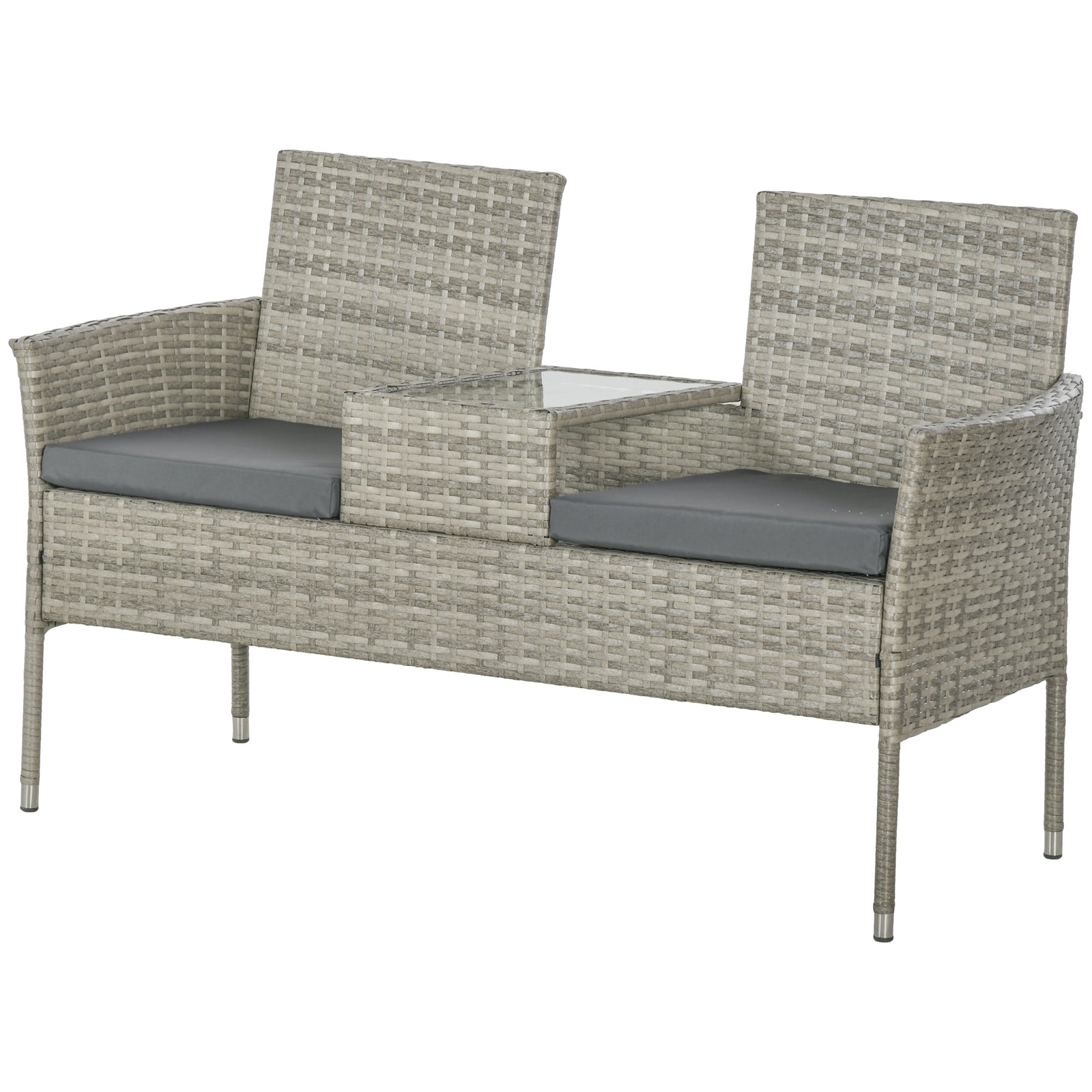 Rattan Garden Bench W/ Glass Table, Wicker Chair, Cushions | Dark Gray