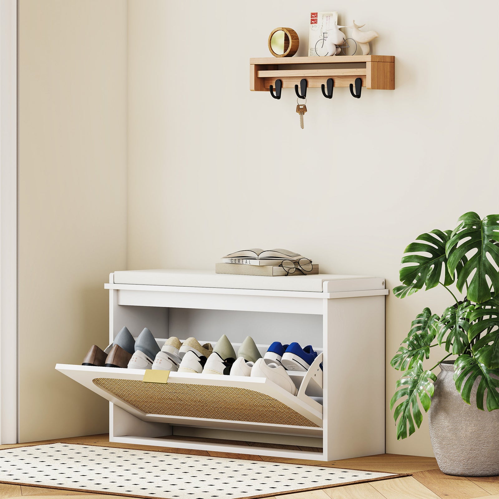 Boho Shoe Bench With Padded Seat And Flip-drawer | White