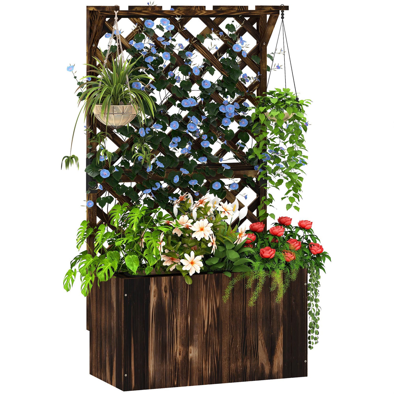 Wooden Planter W/ Trellis And Drainage Holes | Brown