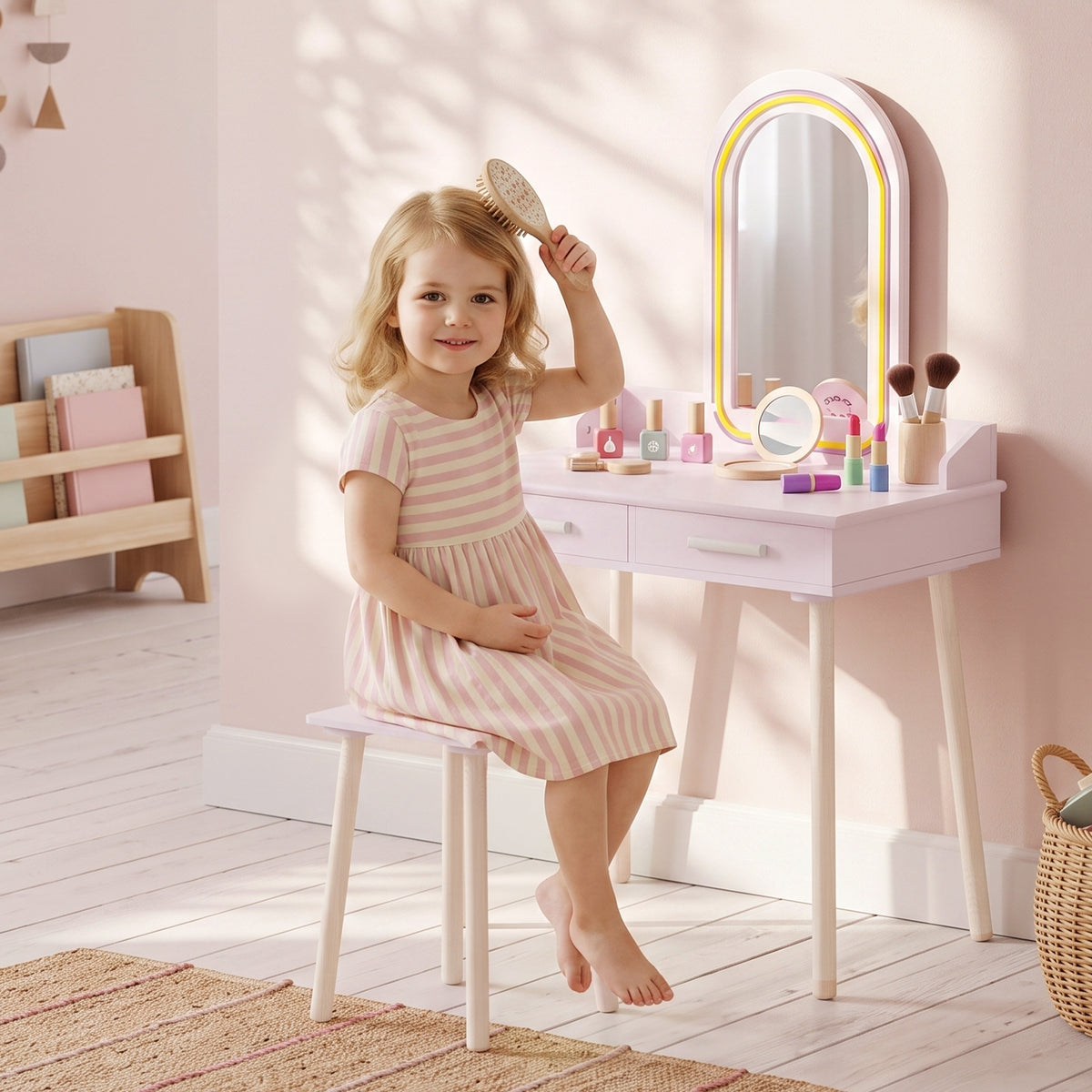 AIYAPLAY Kids Dressing Table With Stool, 3-colour Led Lights Mirror, Drawer