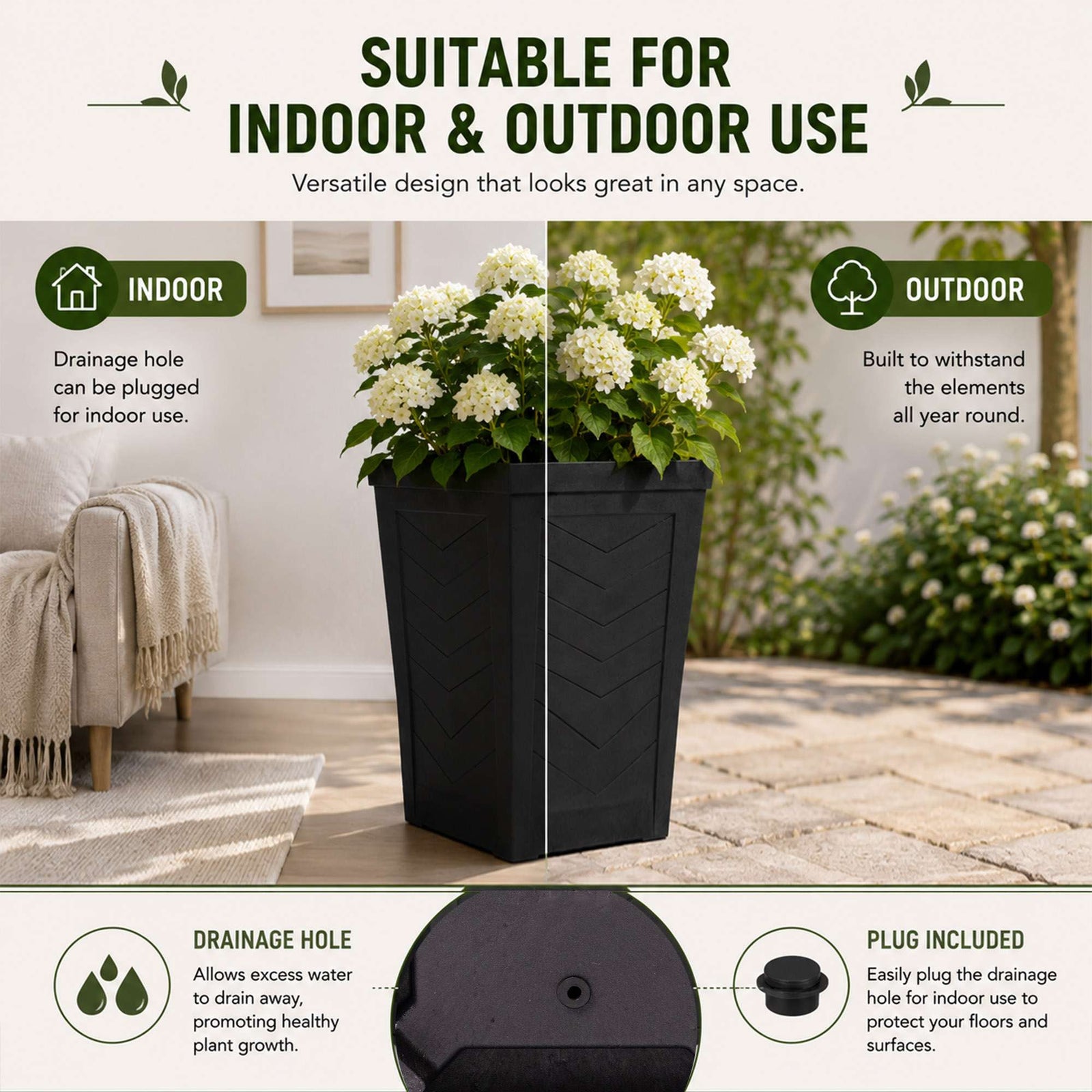 57cm Tall Chevron Effect Black Rubber Planters - Indoor Outdoor Planter | Set-of-1
