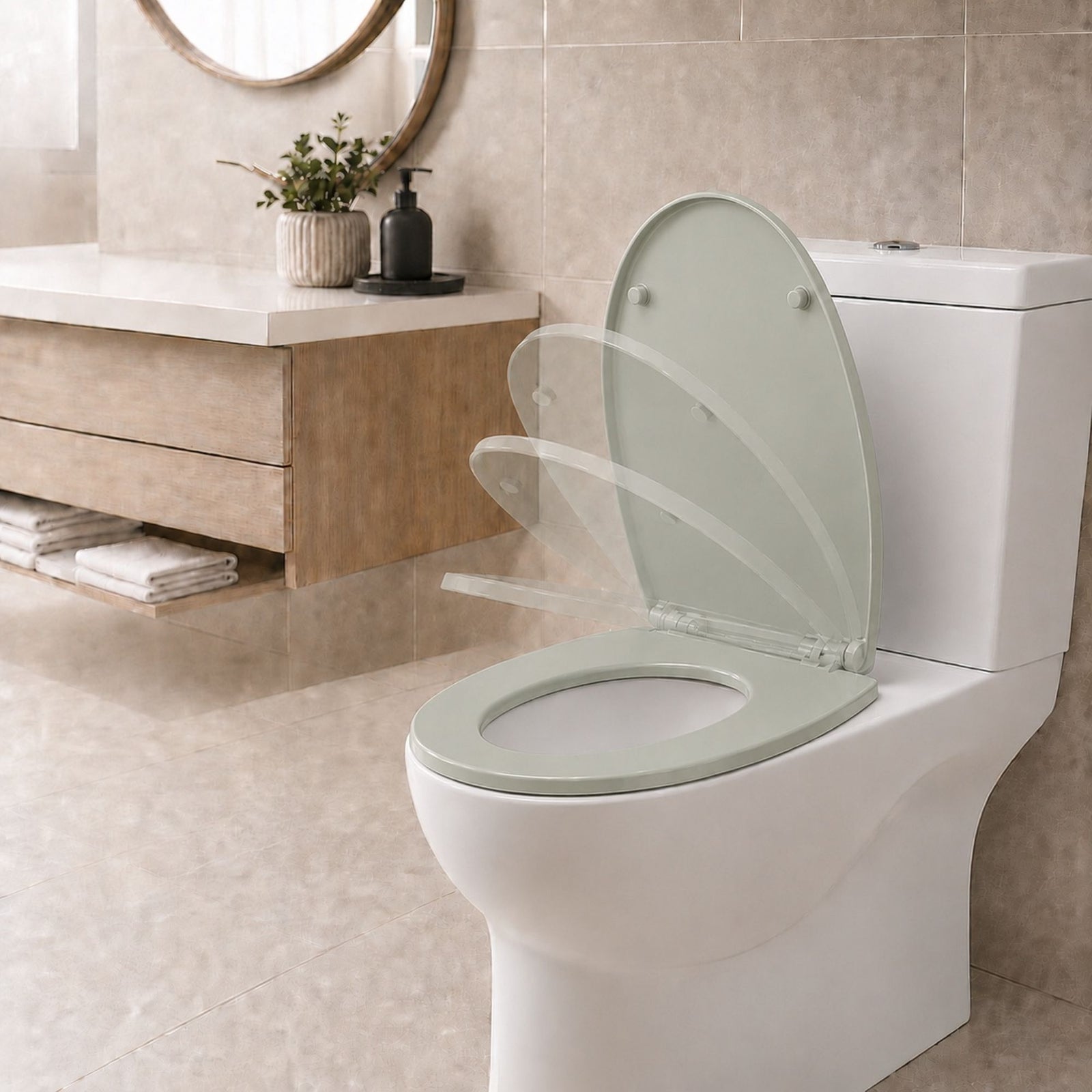 Toilet Seat Soft Close Oval Shape, Premium Thermoplastic, Quick Release, Top & Bottom Fixings | Sage Green