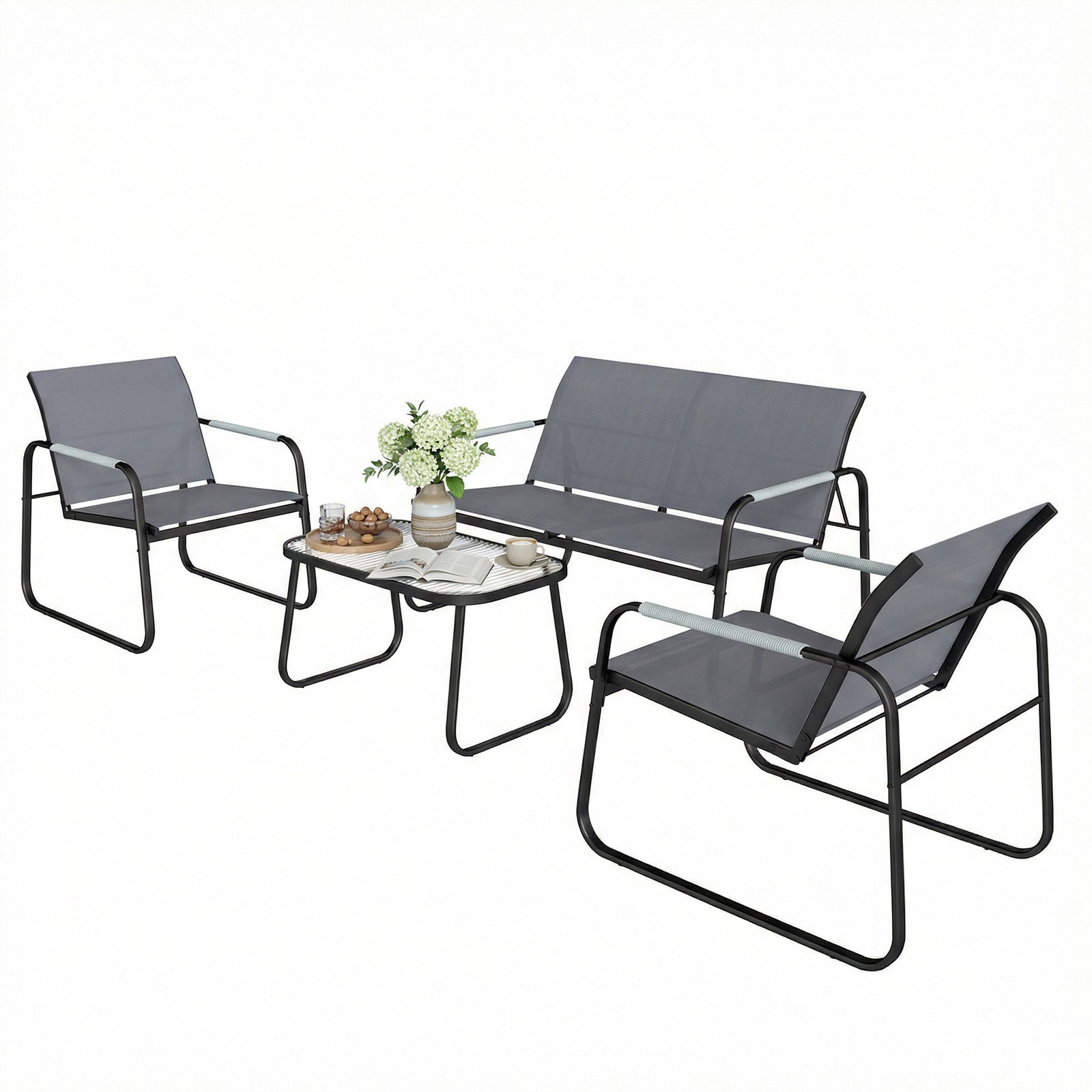 Outsunny Garden Sofa Set With Loveseat, 2 Armchairs, Tempered Glass Table
